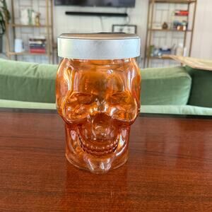 Orange Glass Grinning Skull Head Candy/Storage Jar with Lid